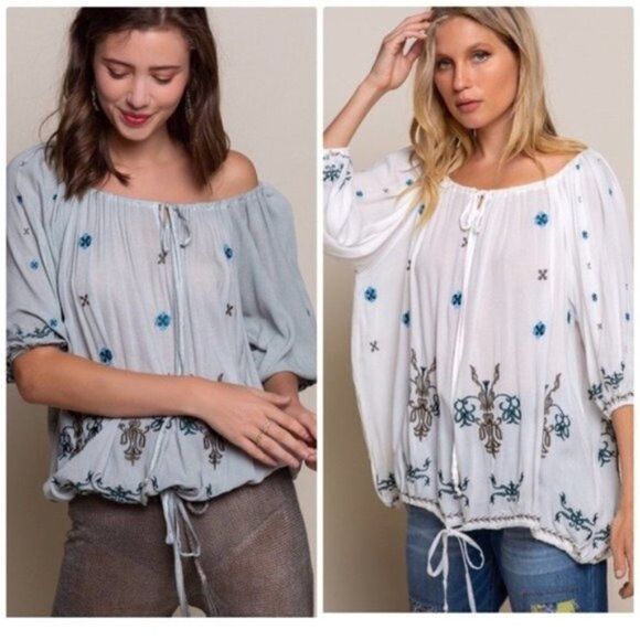 OFF White Boho Embroidered w/ Floral Detail Top - Picture 3 of 16